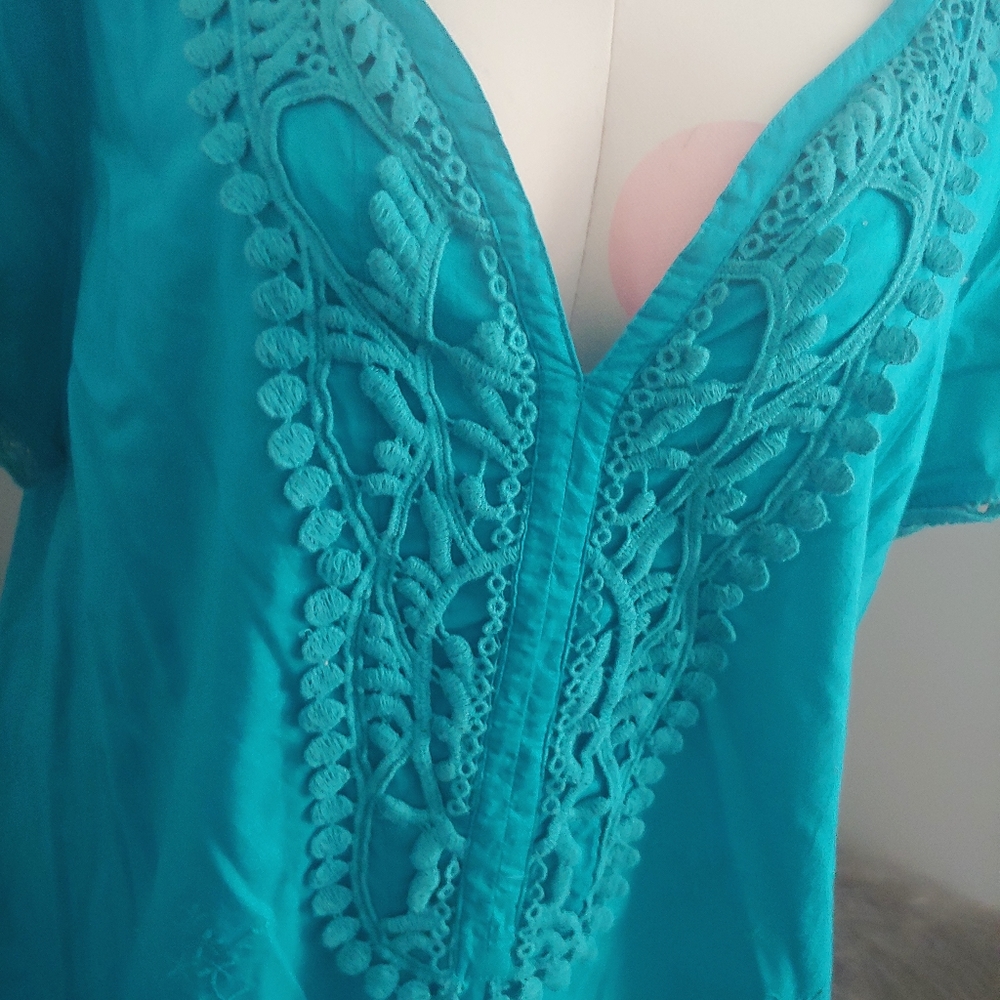 Moitto | Women's Beach Cover Up Cotton turquoise crochet embroidered tunic top